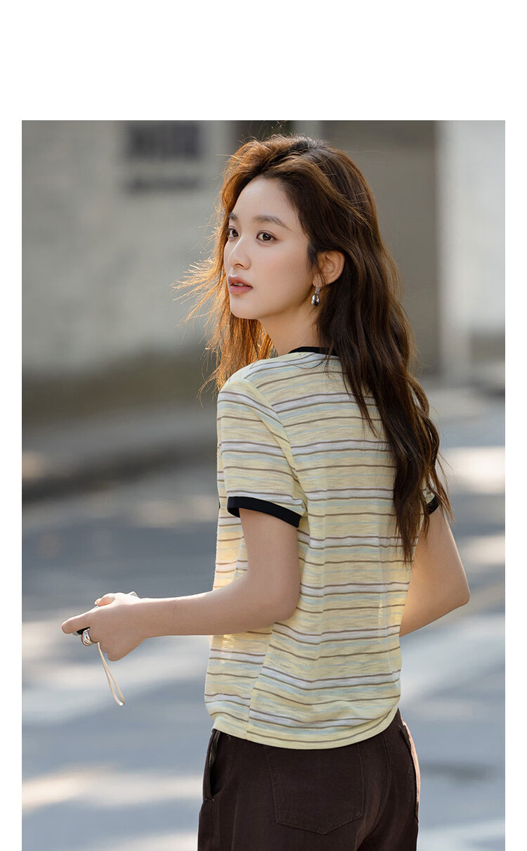 Demana American Casual Summer Retro Color-Block Embroidered Letter Striped Slim Fit T-Shirt for Women 11