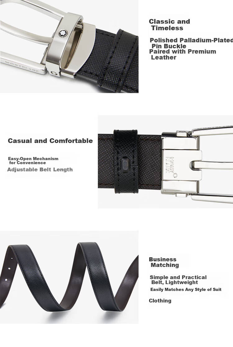 MONTBLANC Men's Black/Brown Reversible Leather Belt with Pin Buckle 120x3cm 113834 Gift 6