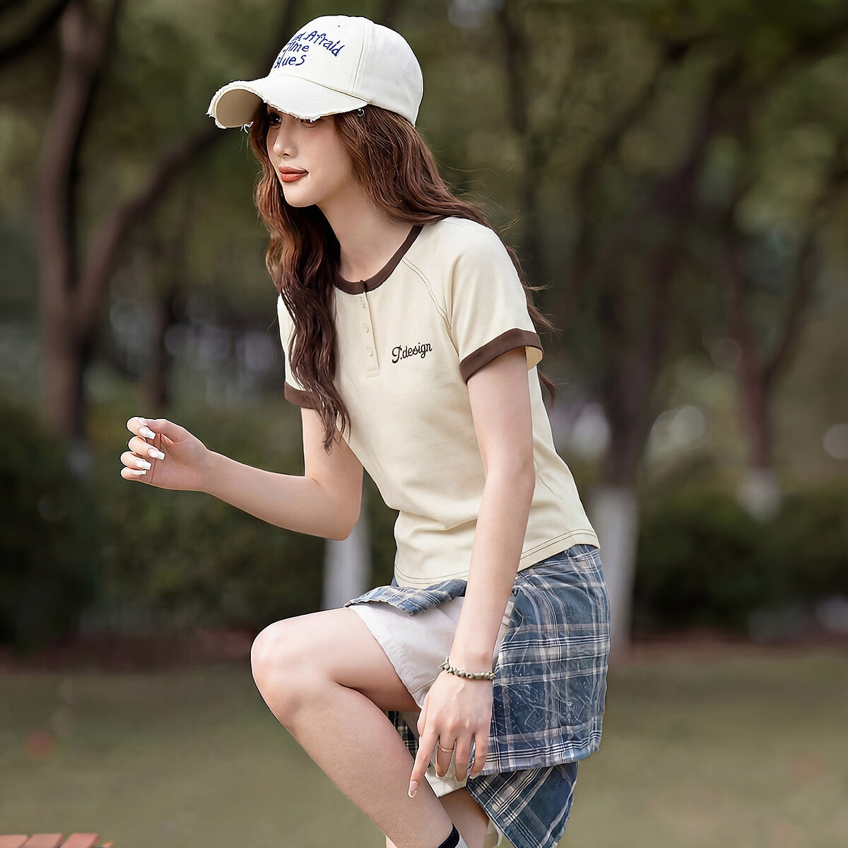 TonLion 2026 Summer Women's Color-Block Short Sleeve T-Shirt Apricot S