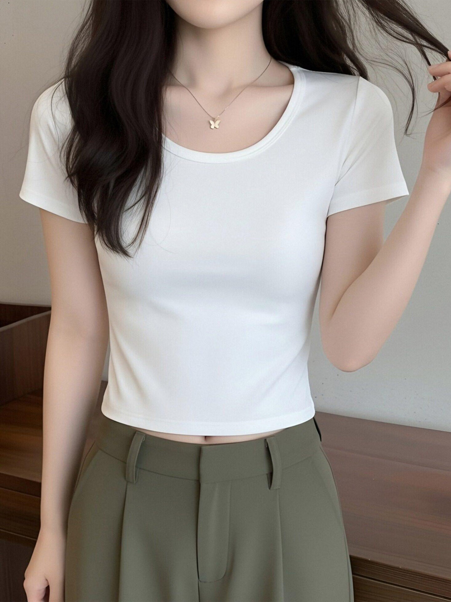 TUCANO Women's Short Sleeve T-Shirt Summer Cotton Solid Color Thin Stretch U-Neck Slim Fit Top Black 2XL 13