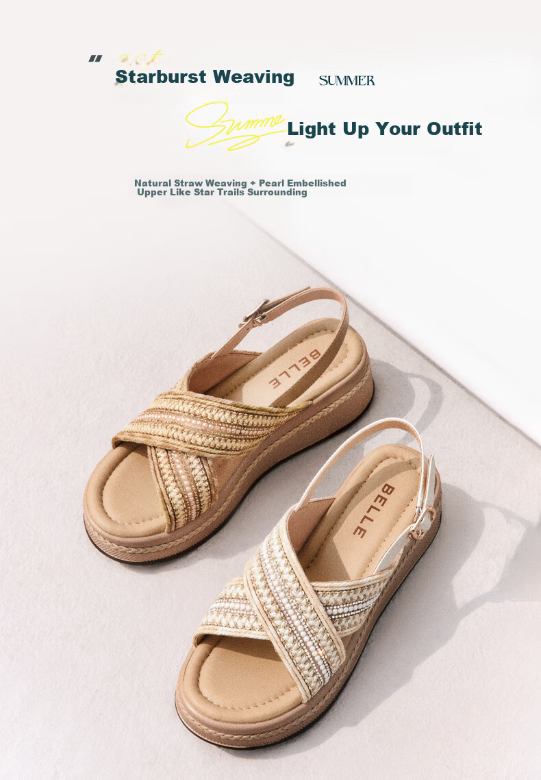 Belle Women's Woven Summer Platform Sandals Height Increasing Vacation Style B2640BL5 Apricot Size 36 3