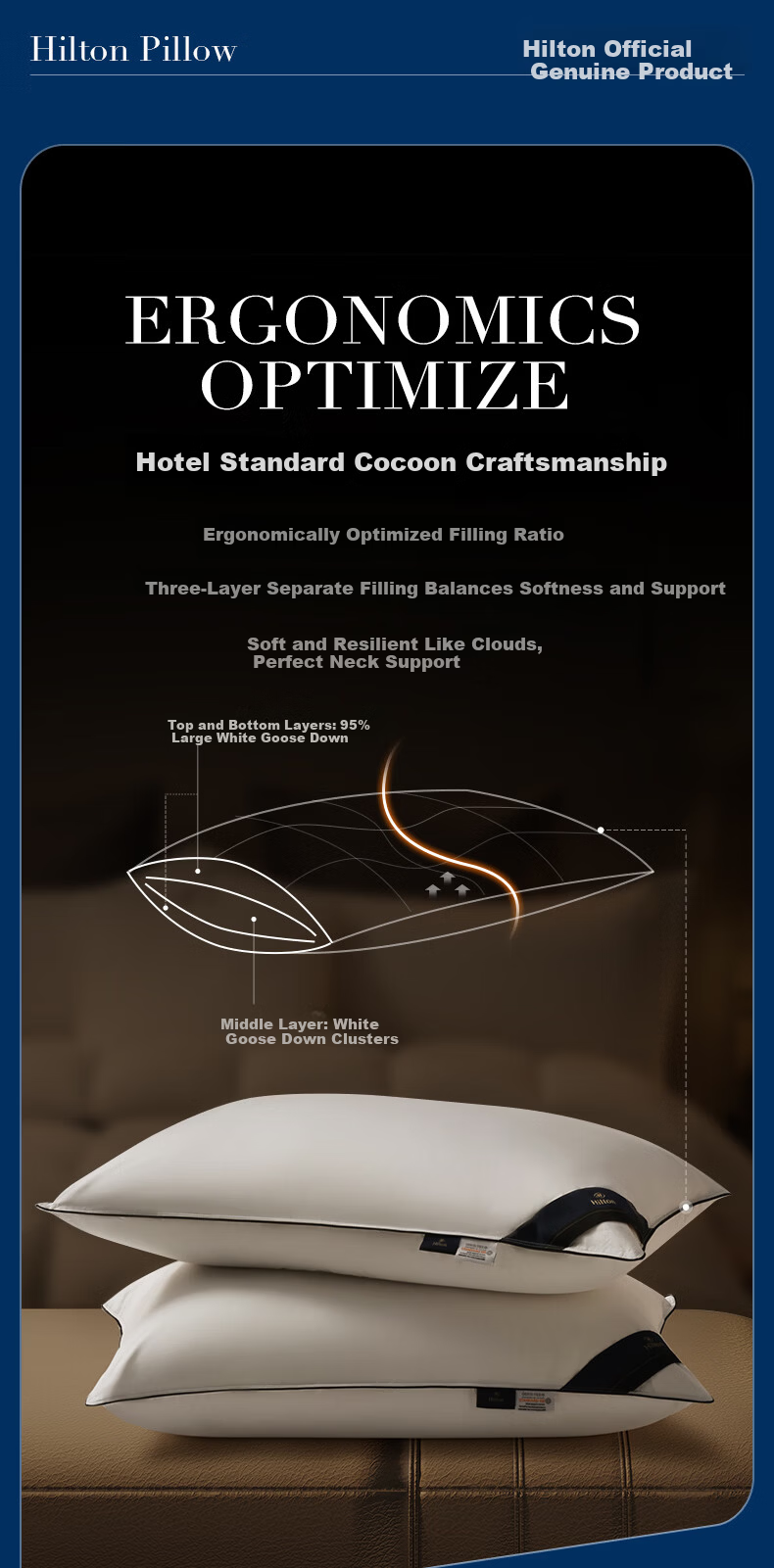 Hilton 95% White Goose Down Pillow Hotel Grade 100-Thread Count Class A Down Pillow Single 48x74cm High Loft 4