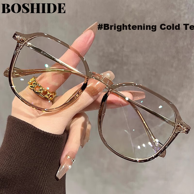Boshide Blue Light Blocking Glasses, Lightweight Large Frame Korean Style for Women, Natural Look Enhancer, Anti-Myopia, 400 Degree Cool Tea Color