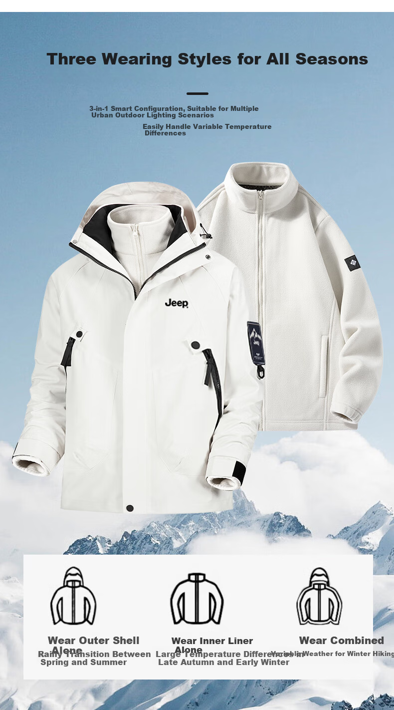JEEP Men's New Spring 3-in-1 Windproof Waterproof Casual Outdoor Hiking Jacket 4