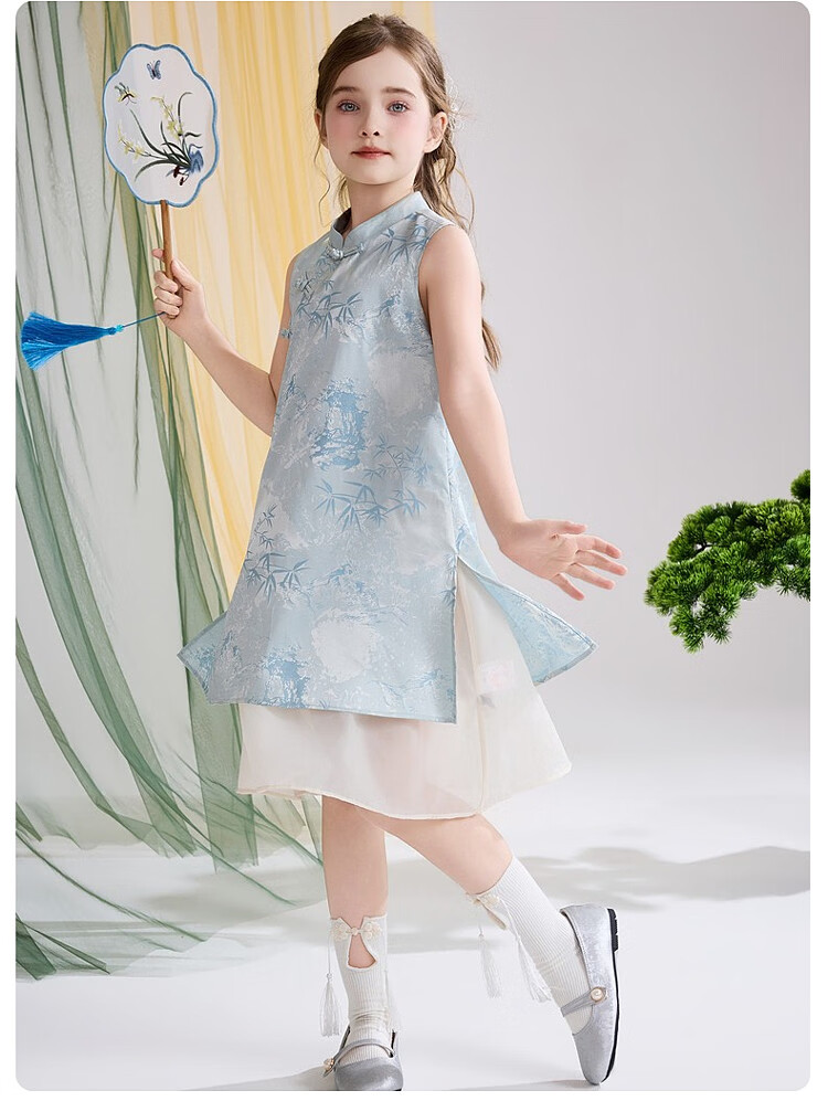 ASK JUNIOR Chinese Style New Mid-Summer Girls' Dress Large Kids Two-Piece Illusion Mesh Dress 16