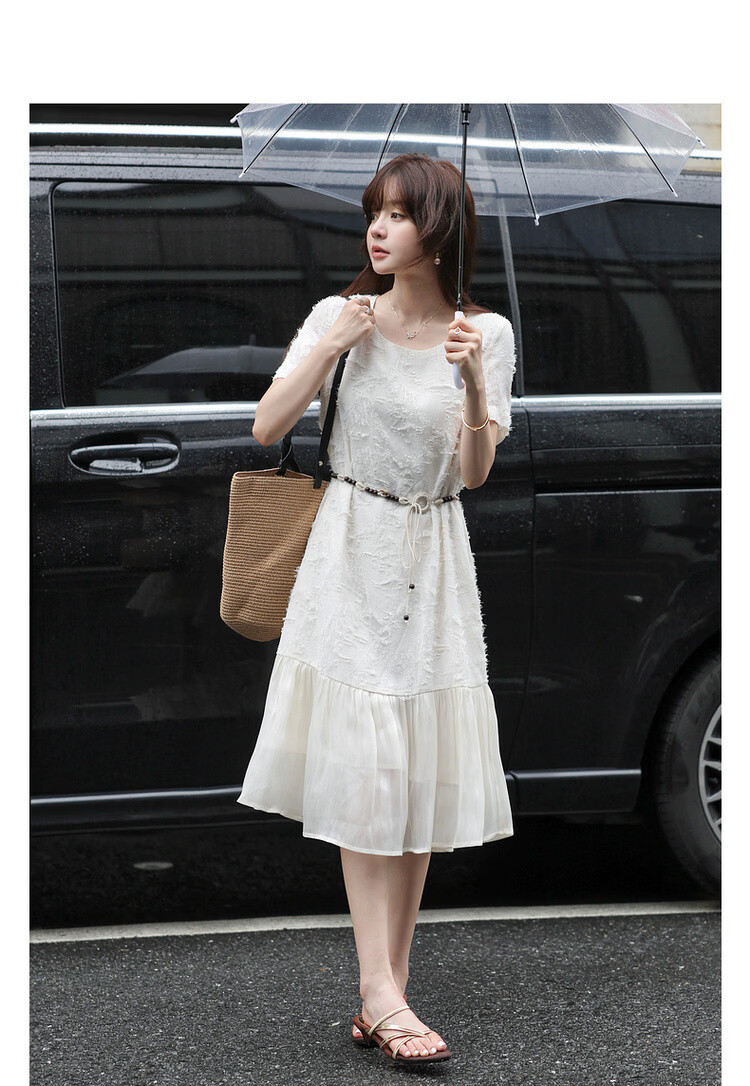 MT French Jacquard Art Summer Elegant U-Neck Patchwork Straight Dress Long Petite Women's Dress 2