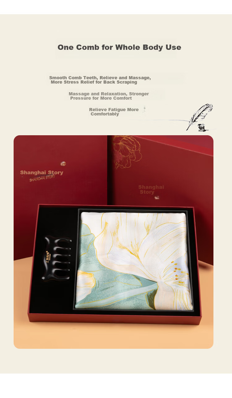 Shanghai Story Silk Scarf for Women with Ebony Wood Massage Comb Gift Box 100% Mulberry Silk Satin Scarf Practical Birthday Gift 2