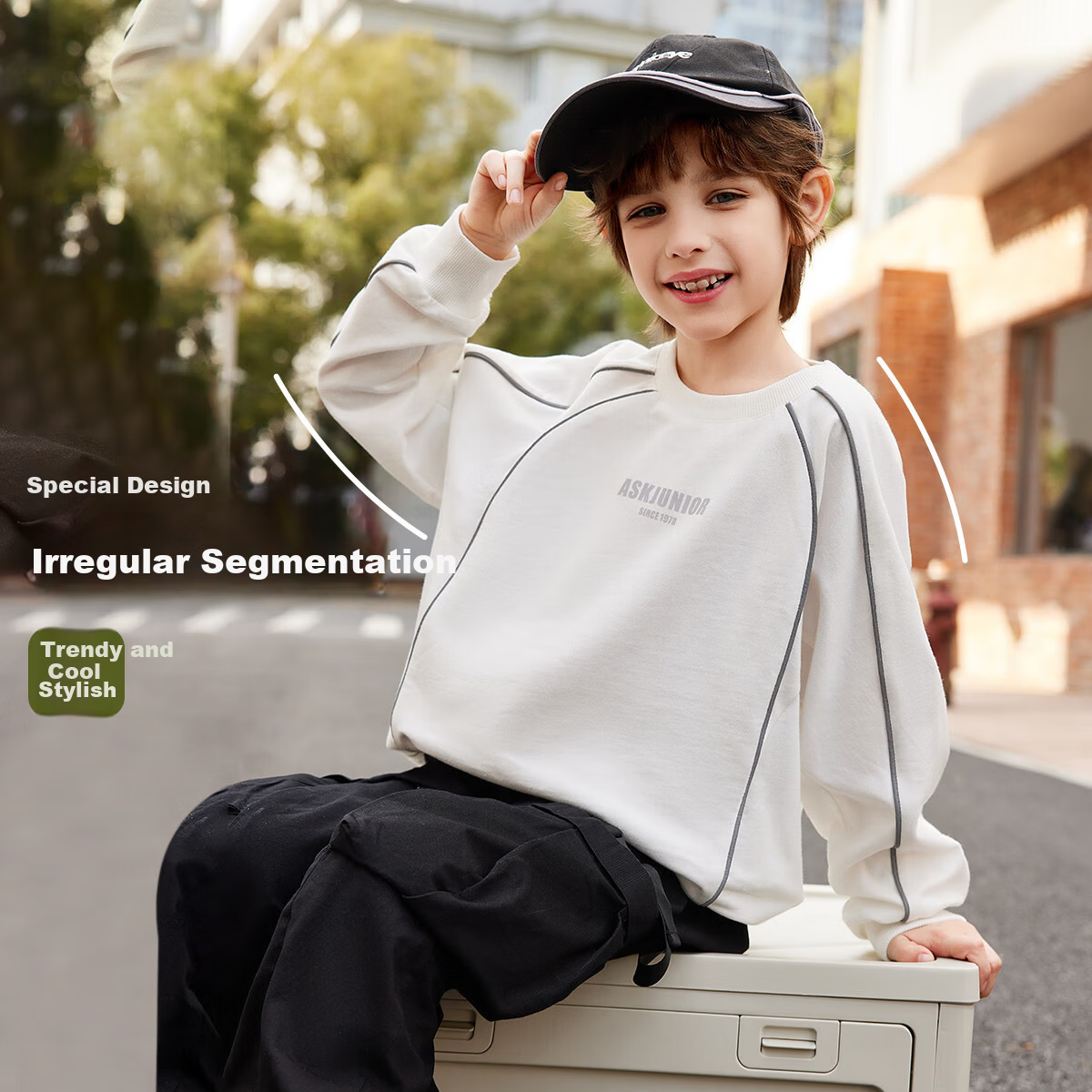 ASK JUNIOR Boys' Long Sleeve Sweatshirt 2026 Spring New Irregular Split Casual Sweatshirt for Kids and Teens