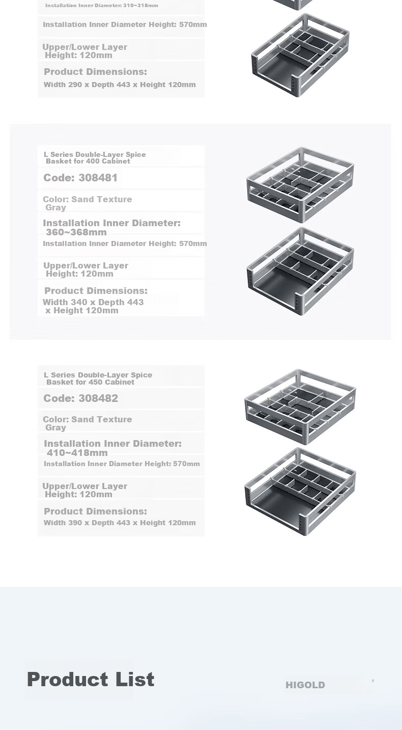 HIGOLD Kitchen Double-Layer Cabinet Spice Rack Drawer-Style 304 Stainless Steel Storage Bowl Basket Seasoning Basket Household Dish Rack 15