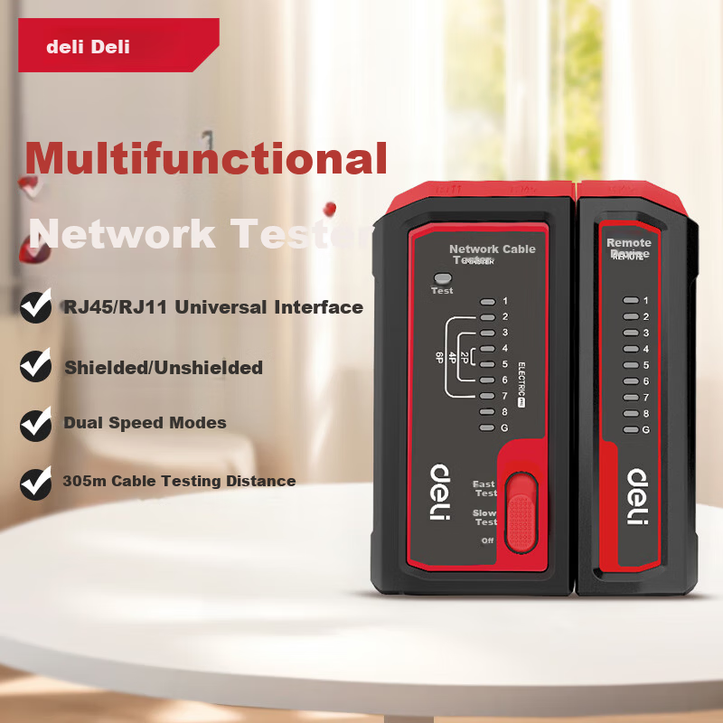 Deli Multifunction Network Cable Tester for Computer, RJ45, Telephone Line, Home Smart Continuity Detector