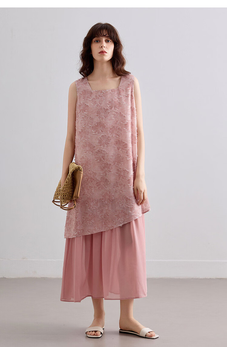 Demana Summer Faux Two-Piece Spliced Chiffon Lightweight Loose Sleeveless A-Line Mid-Length Dress with Cutwork and Print 21