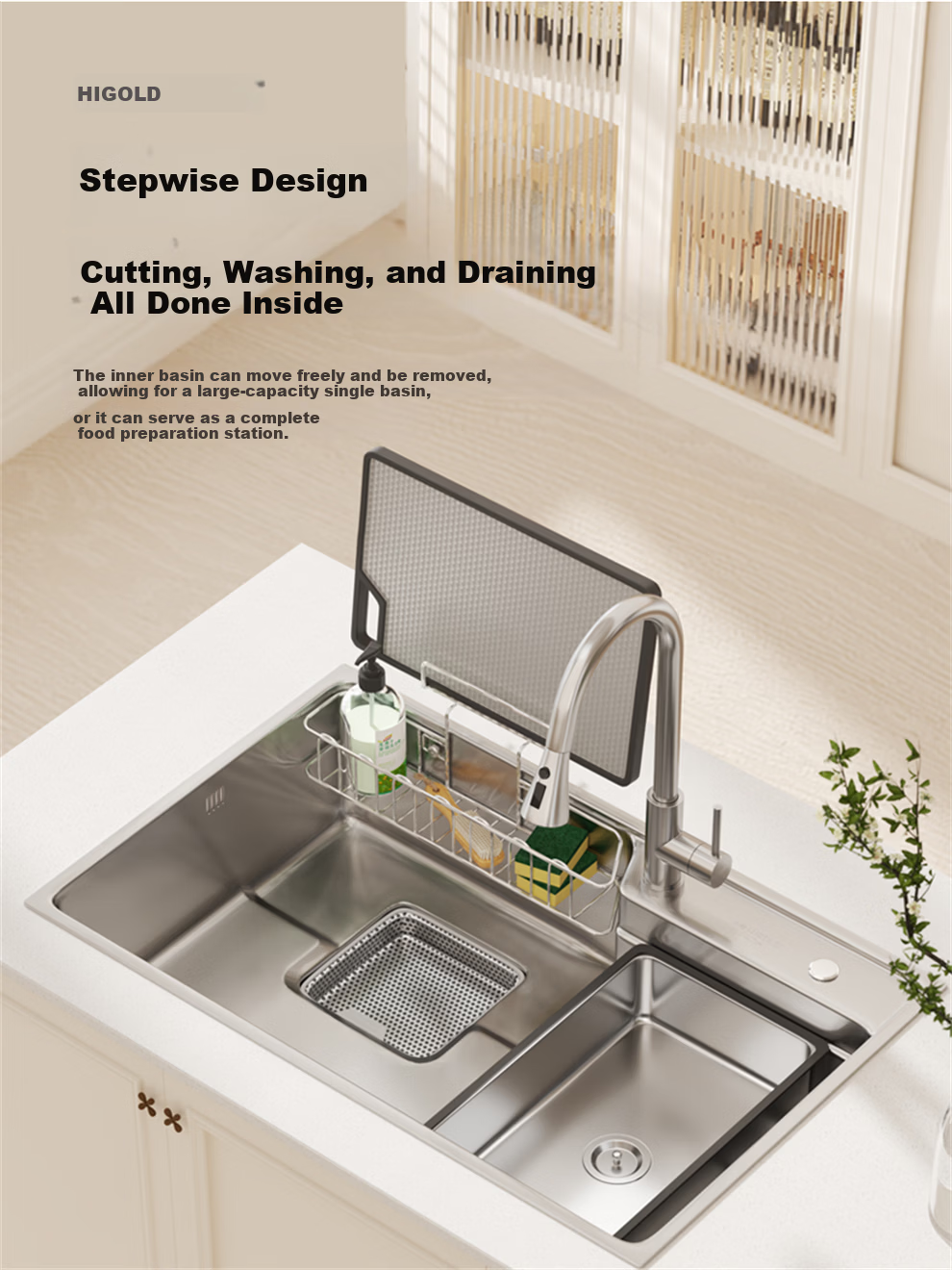 HIGOLD Kitchen Sink Embossed Raindrop Large Single Bowl 304 Stainless Steel Countertop Middle and Lower Vegetable Washing Basin with Strainer MAX 12