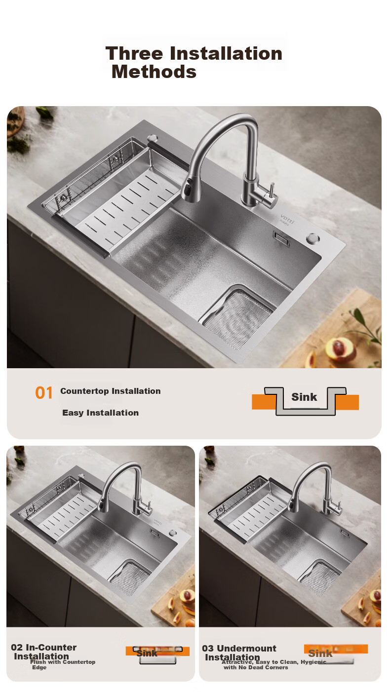 VATTI Kitchen Sink S3Pro Large Single Bowl Integrated Basin Dishwasher Sink Countertop Mid-Bottom Installation 304 Stainless Steel 18