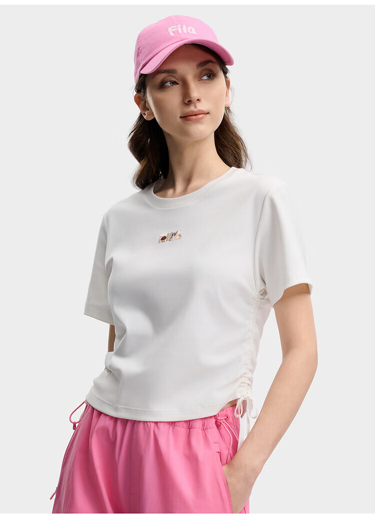 FILA Yang Mi Same Style Knitted Short Sleeve Shirt Women 2026 Summer Side Drawstring Fashion Casual Embroidered Logo Slim T-Shirt 50