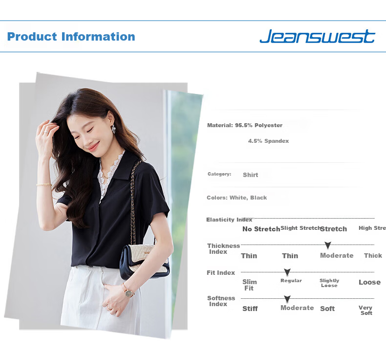 JEANSWEST Women's Summer Short Sleeve Solid Color V-Neck Lace Splice Shoulder Fashion Formal Shirt White L 3