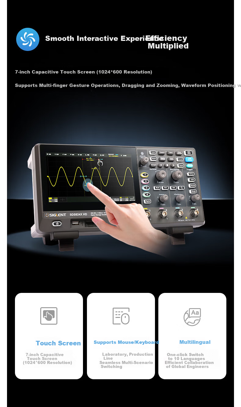 SIGLENT SDS802X HD Oscilloscope 12-bit Resolution 70MHz Bandwidth 2 Channels 2GSa/s Sampling Rate 10