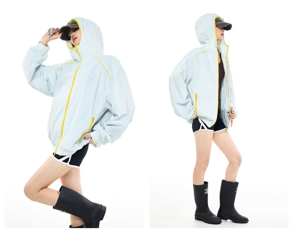 ICH MODE Colorblock Physical Sunscreen Jacket Women Spring Summer New Hooded UV Protection Coat Light Blue M 13