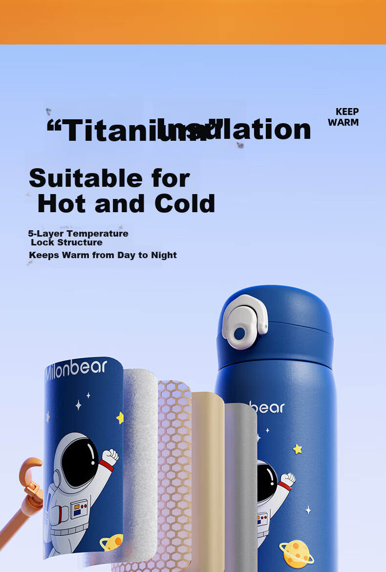 Milun Bear Pure Titanium Children's Insulated Water Bottle Elementary School Student Water Cup High-Value Portable Water Bottle Boys Girls Kindergarten School Straw Cup 4