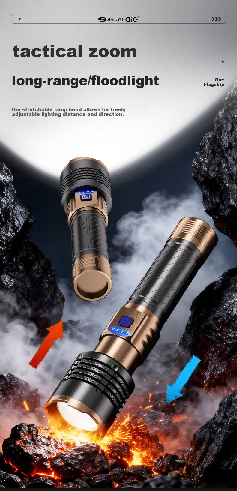AIC High-Power Flashlight Long Battery Life Outdoor Survival Large Capacity Rechargeable Long-Range Tactical Torch 6