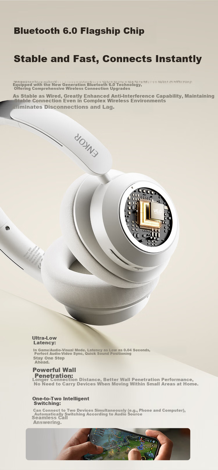 ENKOR EM9 Over-Ear Bluetooth Headphones Active Noise Cancelling 2026 Latest Wireless Music Wired Computer Gaming Deep Abyss Mirror RGB Lighting Ultra-Long Battery Life 8