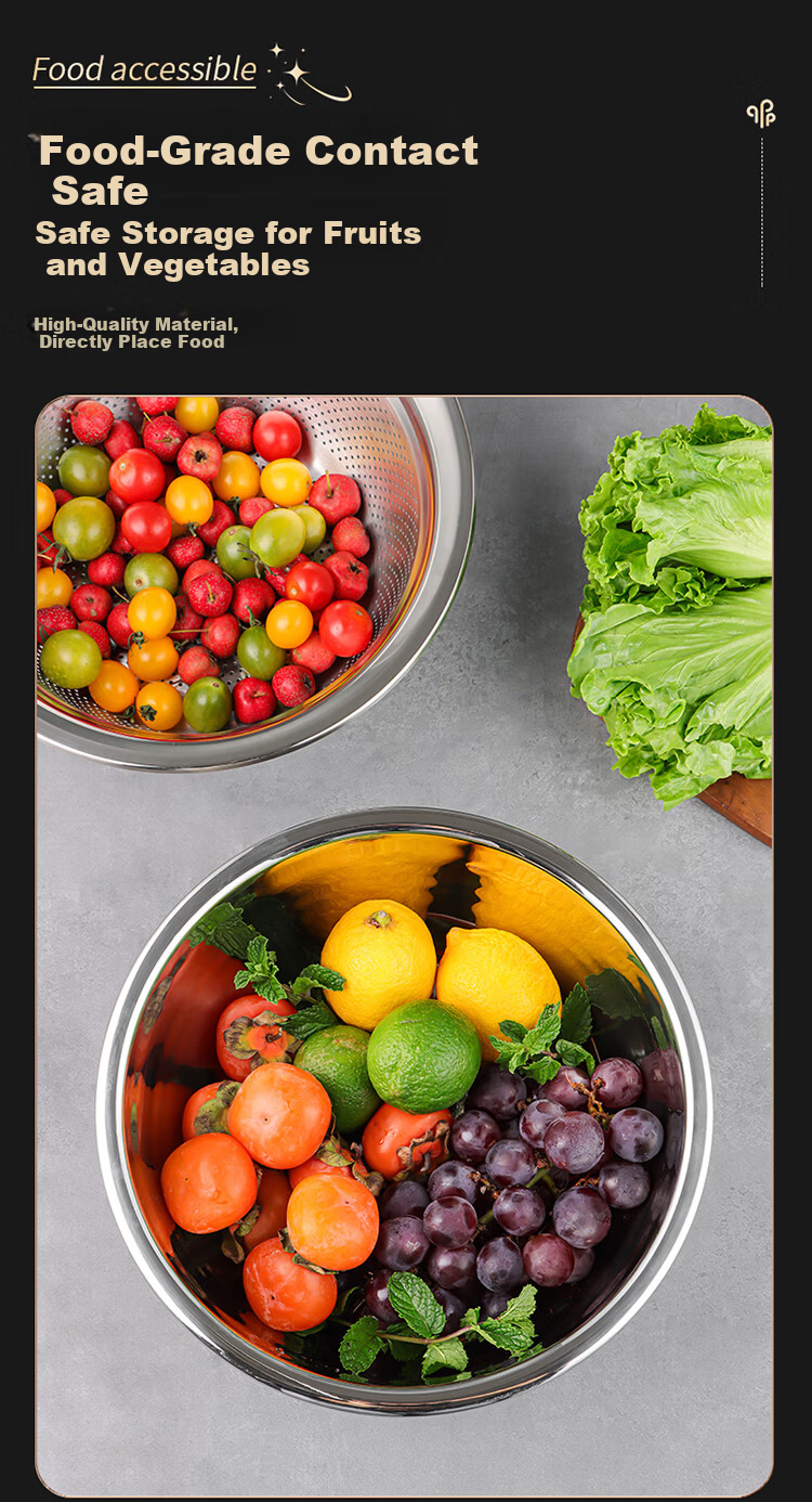 Baijie Stainless Steel Draining Basket Vegetable Washing Basin Rice Washing Basket Kitchen Fruit Basin Large 32cm Set 3