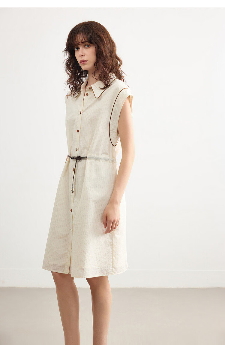 Demana [Comfort Oxygen Cotton Series] Summer Commuter Striped Color-Block Trim Polo Collar PU Belt Mid-Length Dress for Women 18