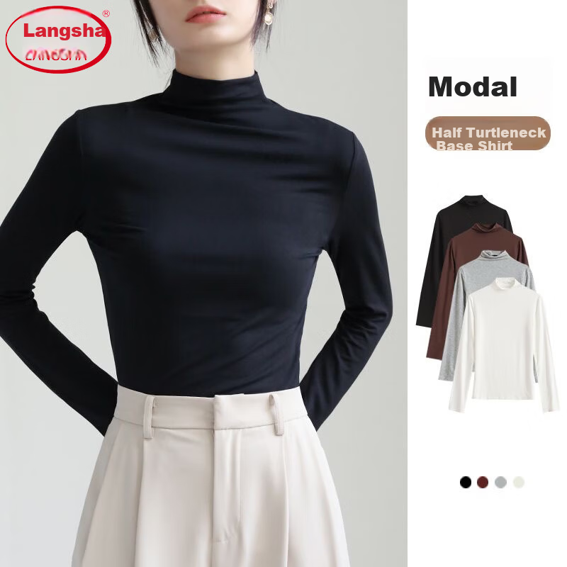 LangSha Modal Base Layer Women's Autumn New Half Turtleneck Top Elastic Slim Fit Long Sleeve T-Shirt