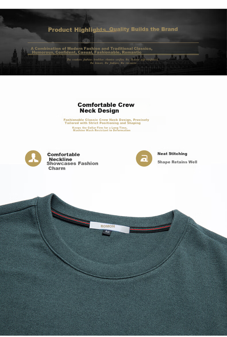 ROMON Men's Spring and Autumn Business Crew Neck Long Sleeve T-Shirt Quality Casual Base Shirt Jacket Men's 113 Green M 4