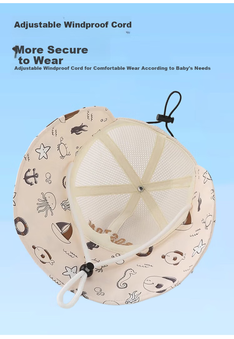 9i9 Baby Hat Cartoon Ocean Summer Wide Brim Sunshade Thin Sunscreen Adjustable Unisex Kids F20 Beige 1-5 Years 8