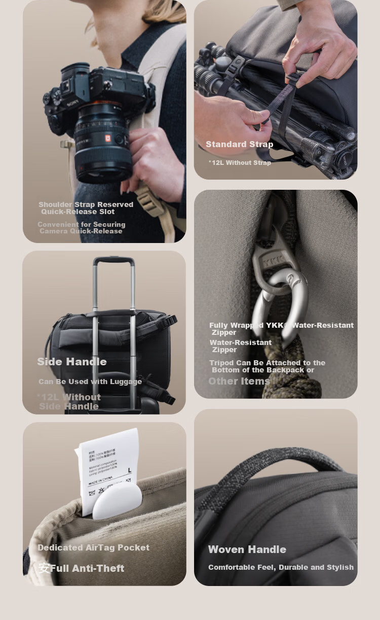 PGYTECH OneGoLite Camera Bag Dandelion DSLR Mirrorless Multifunctional Laptop Backpack Water-Resistant Urban Commuter Lightweight 12L Matte Black 9