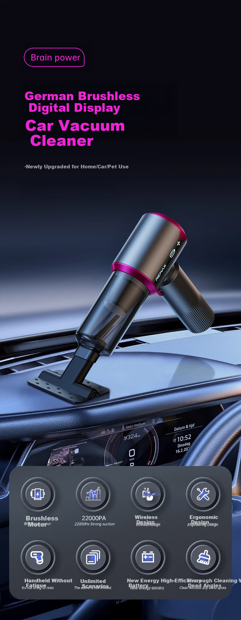 REWONDER German Top Configuration 22000PA Smart Interactive Car Vacuum Cleaner Handheld High Suction Long Battery Life Automotive Vacuum Gray Multifunctional Outdoor 15