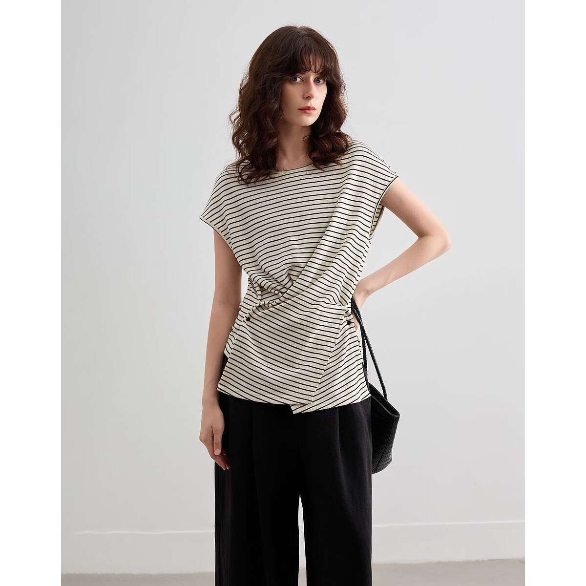 Demana [Mianyun Xiaoqi] Summer Simple Style Colorblock Striped Twist Round Neck Slim Fit Women's T-Shirt