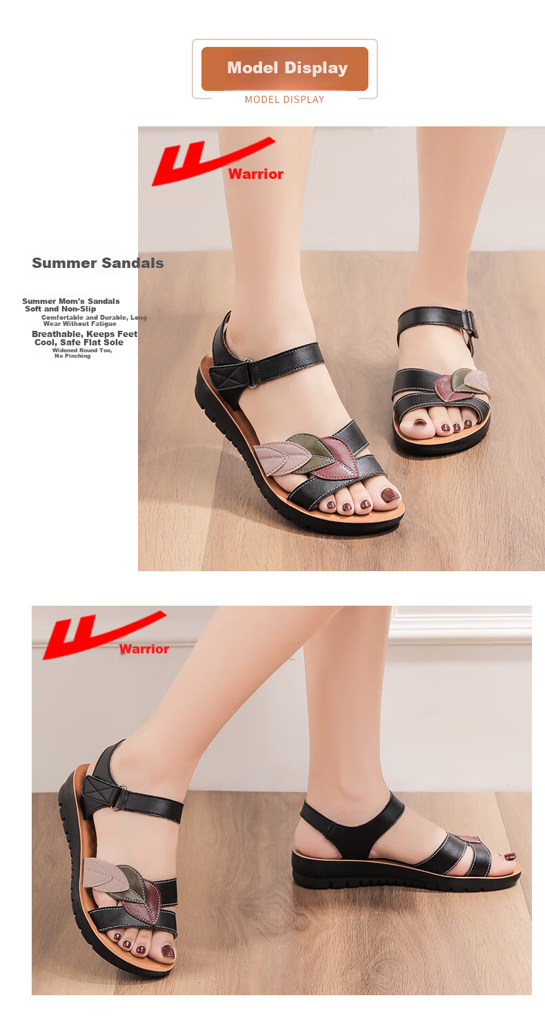 Warrior Mom Sandals Middle-aged and Elderly Women 50-60 Years Old New Summer Non-slip Soft Sole Genuine Leather Grandma Shoes 0679 Black Size 43 5