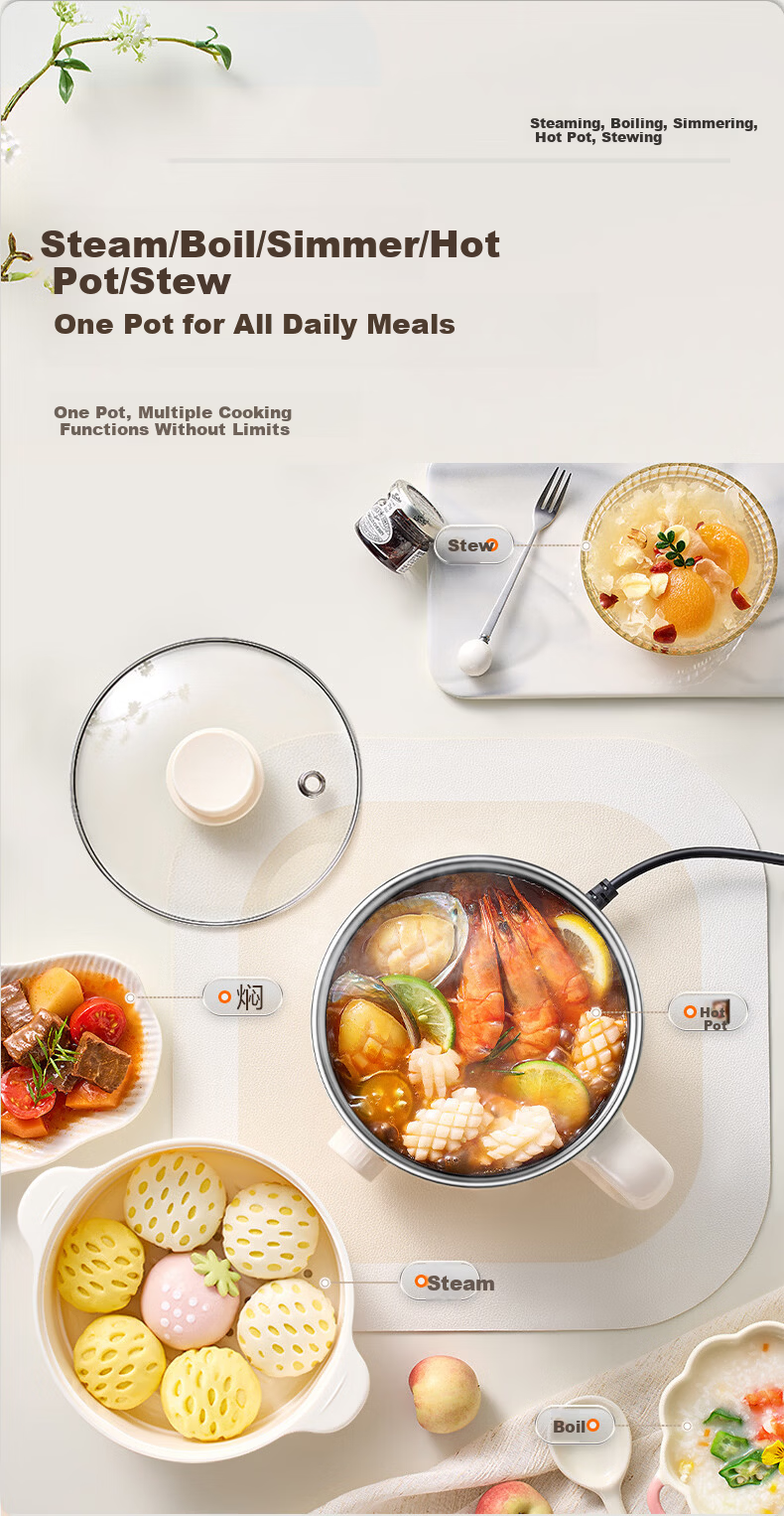 SUPOR Stainless Steel Electric Cooking Pot 0-Coating Small Electric Steamer Multi-Functional Household Dormitory Instant Noodle Mini Hot Pot with Steaming Rack Small Stewing Pot Integrated Steaming an 6