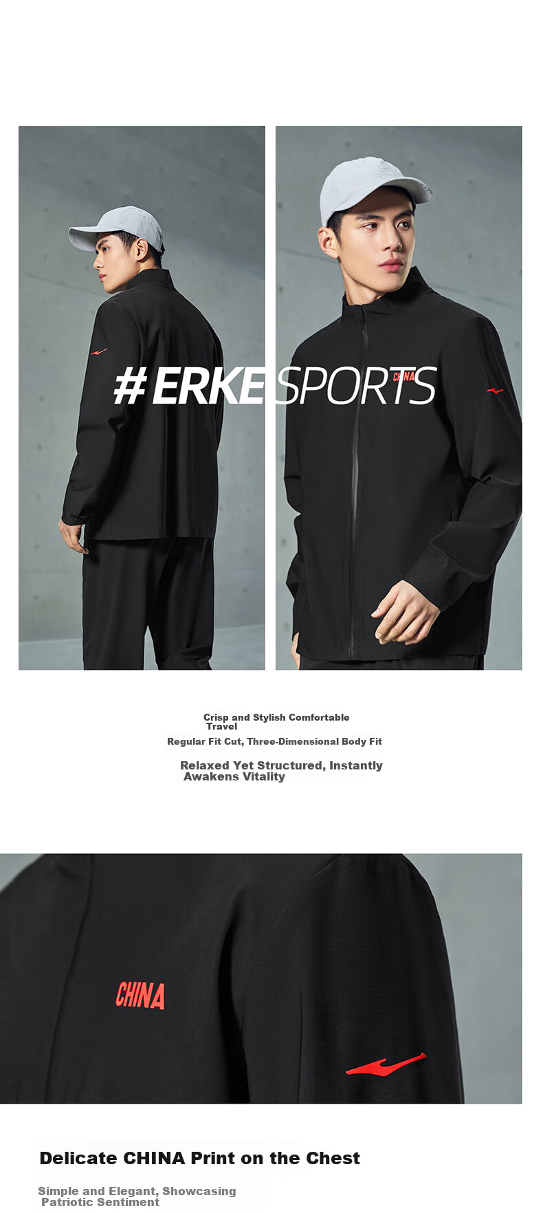 Erke Men's Spring Jacket Cycling Coat Stand Collar Slim Fit High Elastic Running Windbreaker Dark Color Men's Top 8