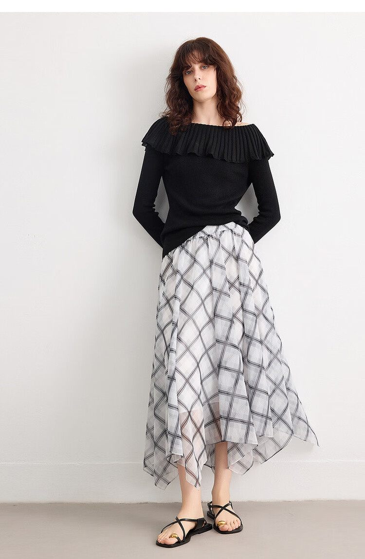 Demana Women's Elegant Spring Off-Shoulder Ruffle Slim Fit Knit Sweater with Mulberry Silk and Wool 20