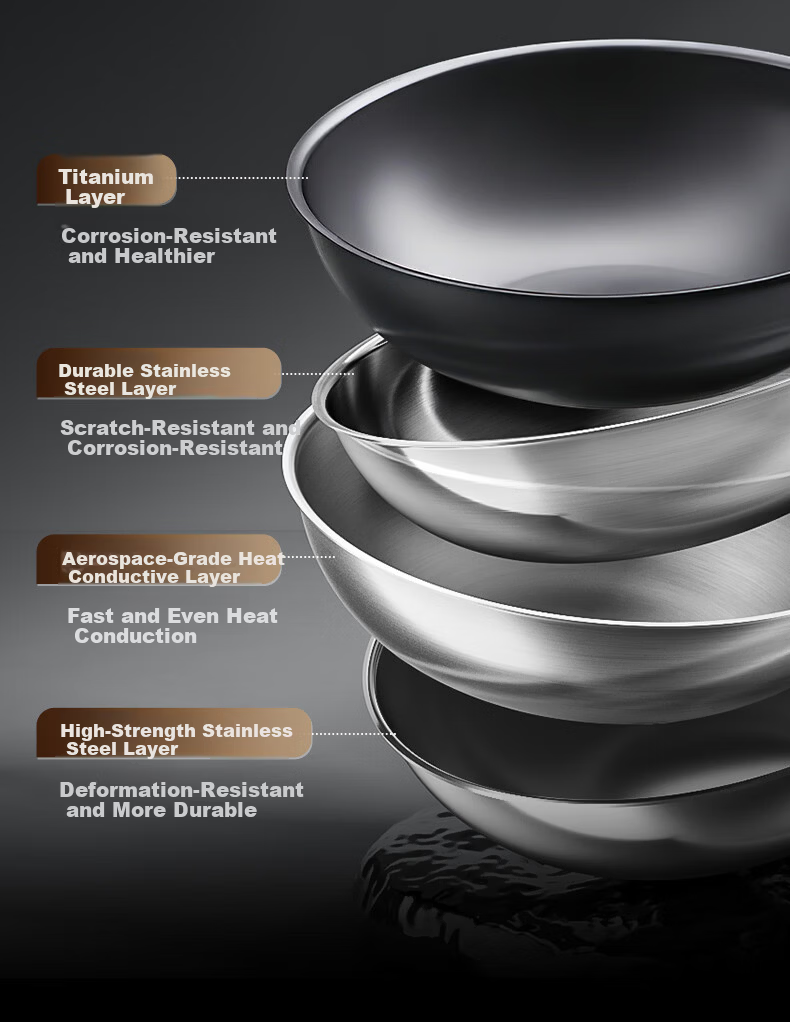 Sanhe 0-Coating Frying Pan Non-Stick 304 Titanium Stainless Steel Induction Cooker Compatible 11