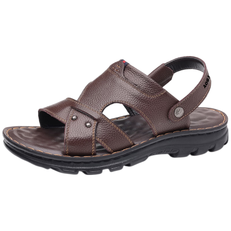 PLAYBOY Men's Sandals 2026 Summer Breathable Beach Shoes Men's Hole Shoes First Layer Cowhide Slippers Brown Size 42