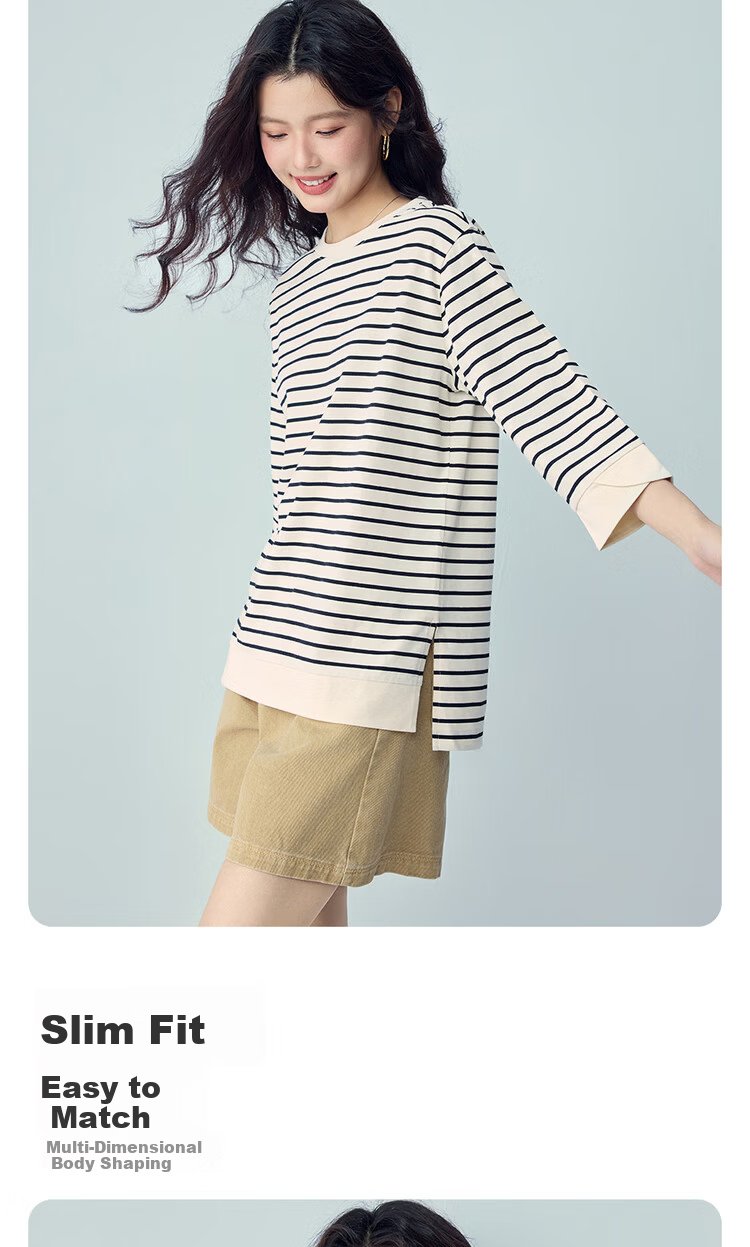 Giordano Women's T-Shirt 2026 Summer Cotton Striped Round Neck High-Low Hem 3/4 Sleeve Top 05326387 7