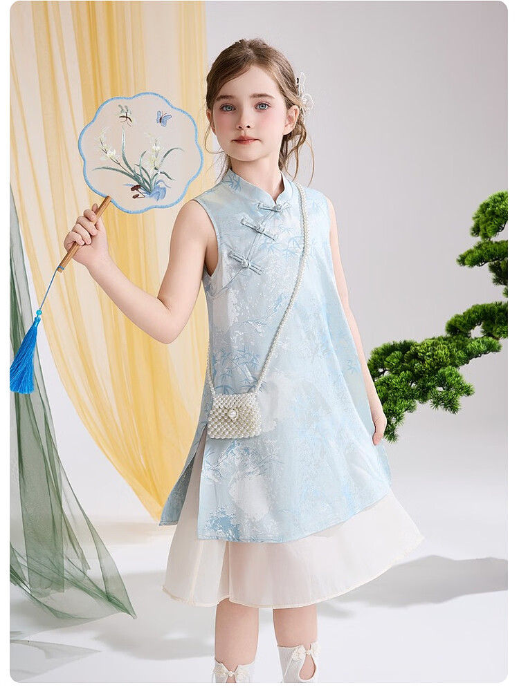 ASK JUNIOR Chinese Style New Mid-Summer Girls' Dress Large Kids Two-Piece Illusion Mesh Dress 10