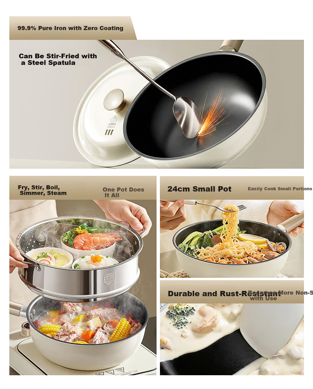 Bear Extreme Iron Small Frying Pan Non-Coated Flat Bottom Stir-Fry Pan 24cm with Steamer Basket Non-Stick Baby Food Pot JG063-P02 2