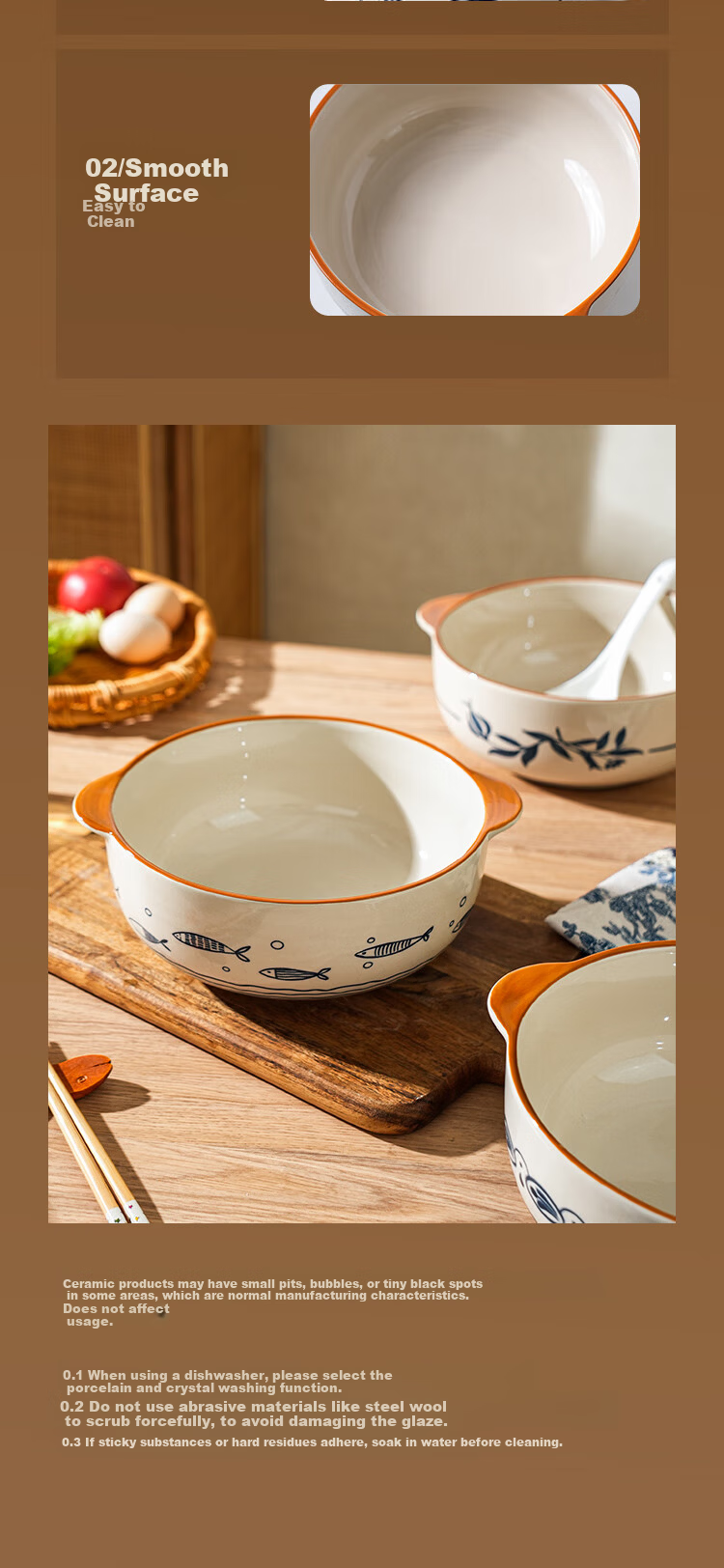 Shelly Vintage Ceramic Double-Handled Bowl Chinese Style Large Soup Bowl for Home Sauerkraut Fish and Spicy Hot Pot High-Temperature Underglaze Color Tableware 12