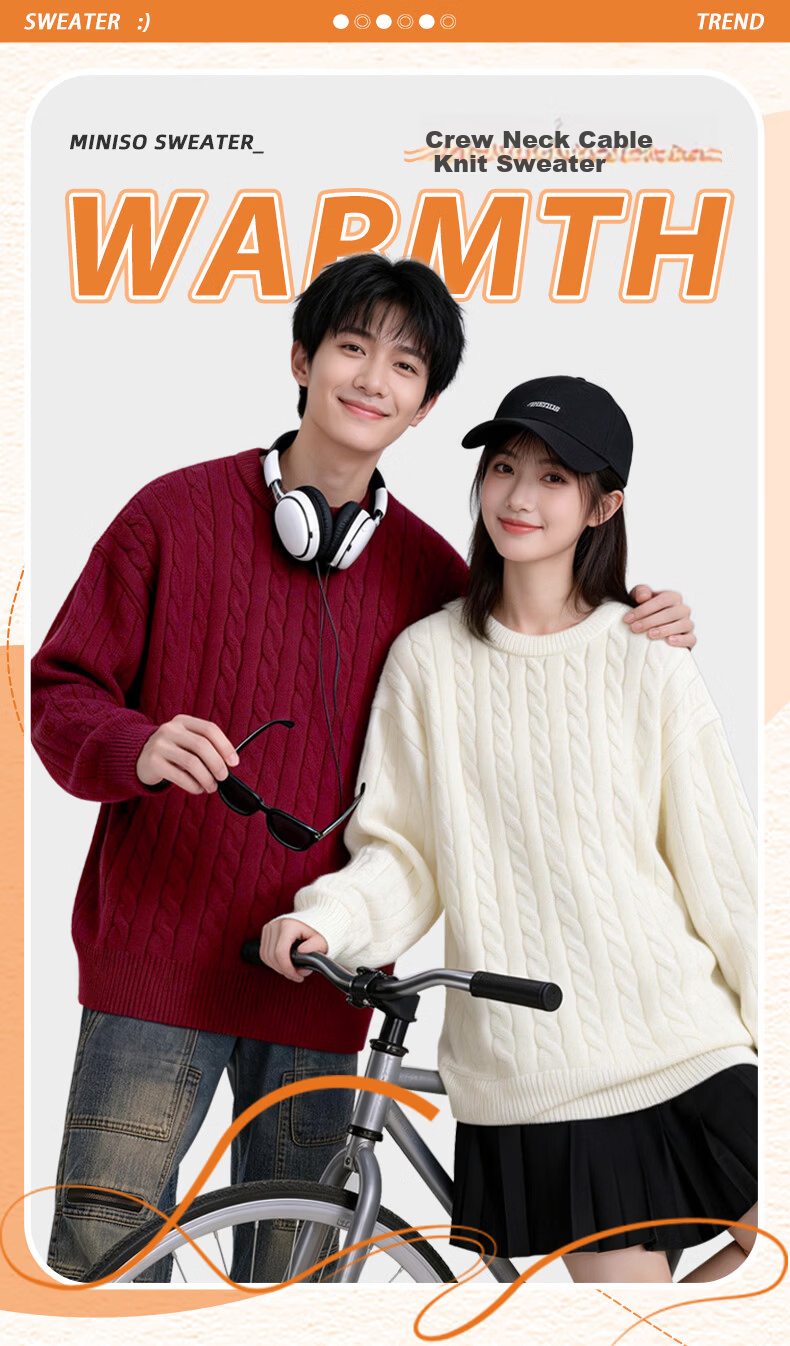 MINISO Men's Round Neck Cable Knit Sweater Autumn Winter Warm Anti-Cold Casual Couple Pullover Black 3XL 2