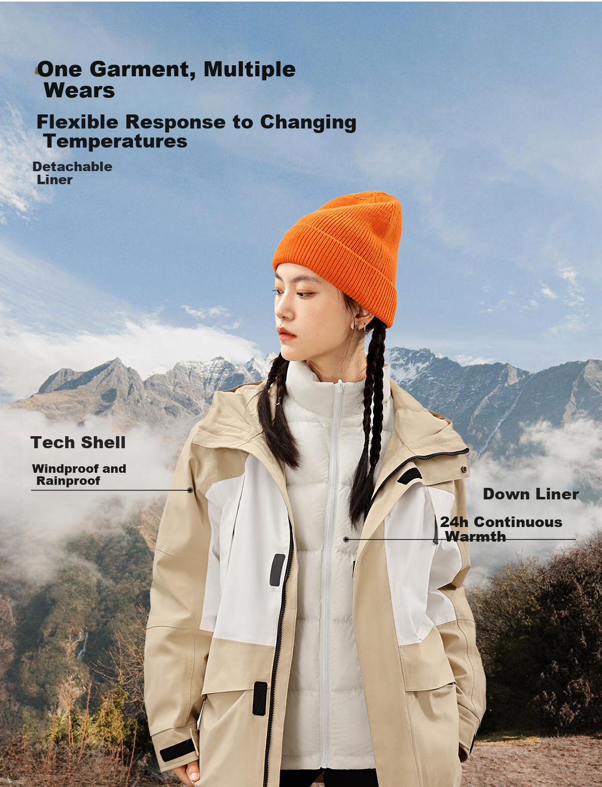 Panda Camel Series 3-in-1 Down Jacket Unisex Autumn Winter Outdoor Waterproof Mountaineering Coat 8170 Black XS 10