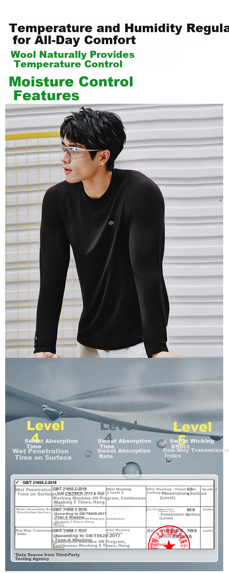 JD Jingzao Spring Australian Merino Wool Base Layer Sports T-Shirt Men Warm Quick-Dry Black 3XL 12