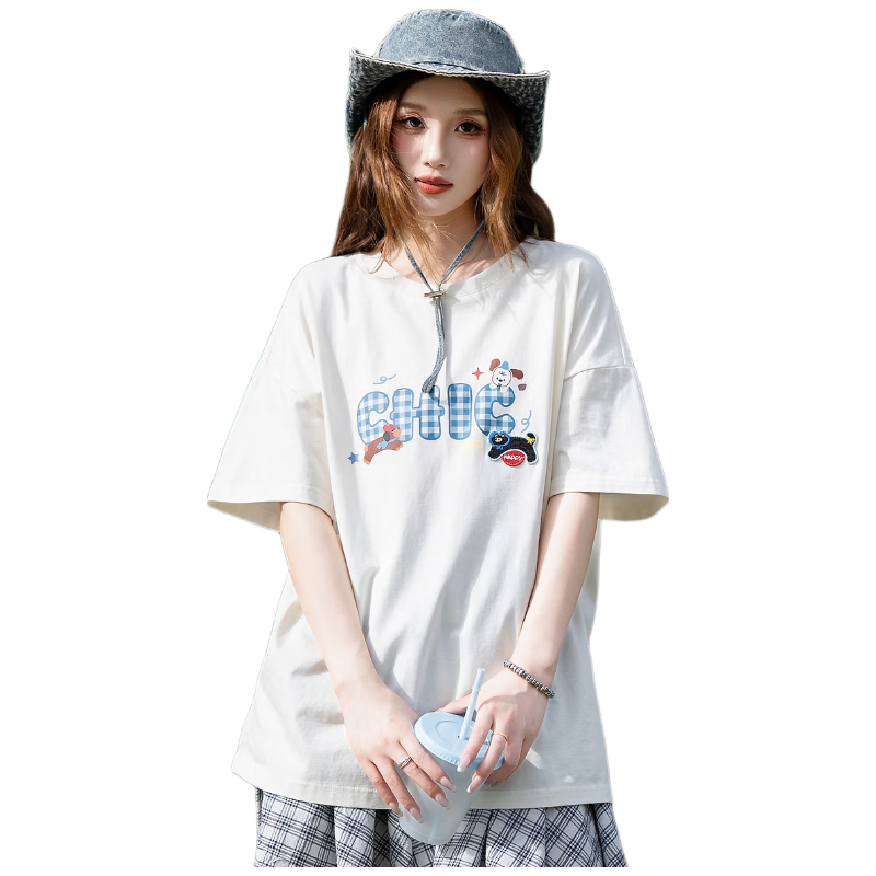 TonLion 2025 Summer Women's Crew Neck Plaid Letter Short Sleeve T-Shirt