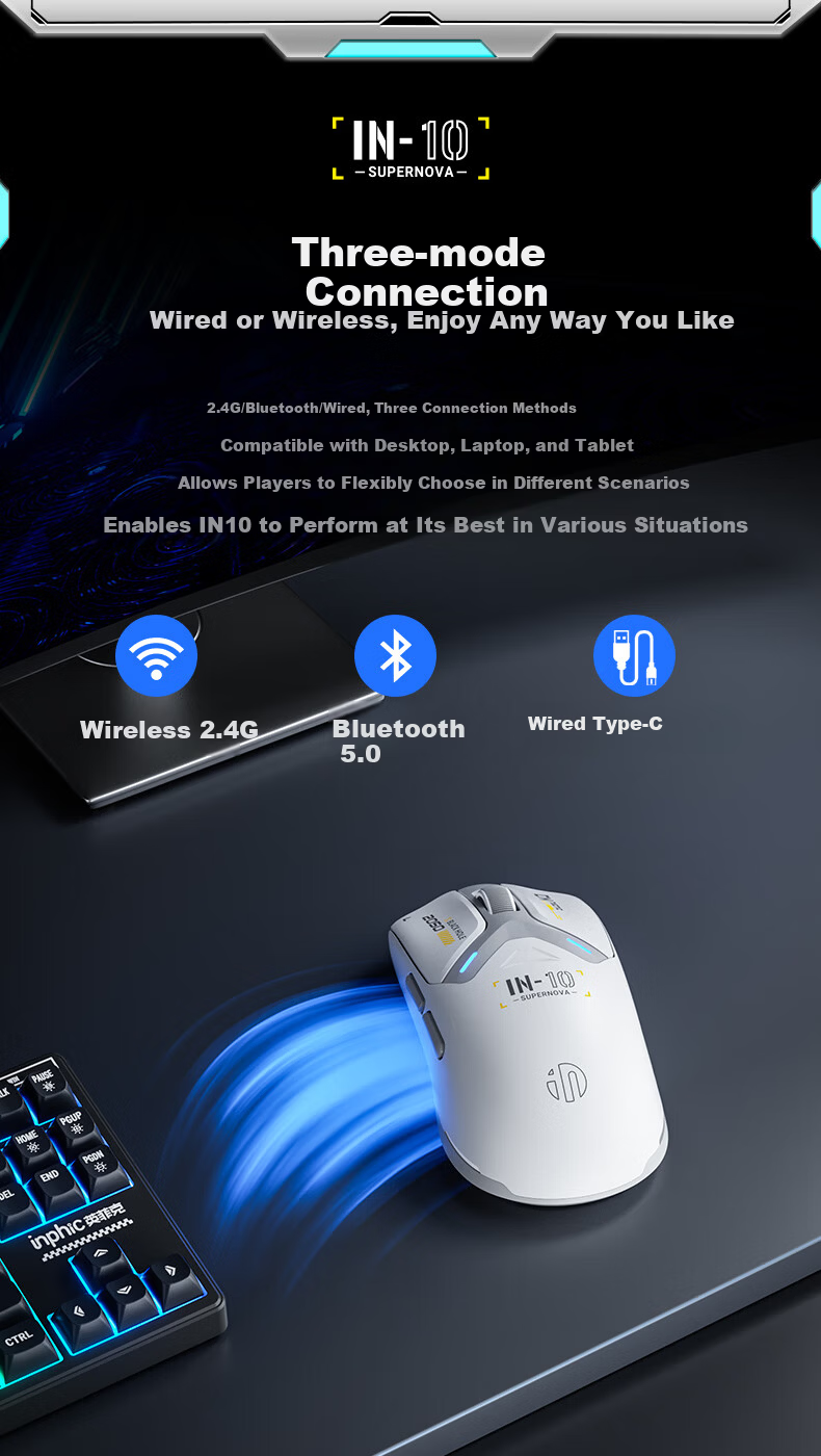 INPHIC IN10 Wireless Gaming Mouse, Wired Bluetooth Tri-Mode PAW3395, Lightweight for Small And Medium Hands, E-Sports, 26k DPI/8K Polling Rate, Huanuo Yi Csgo, Black 10