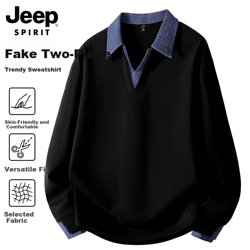 JEEP SPIRIT Men's American Style Turn-Down Collar Sweatshirt Spring Fake Two-Piece Color Block Long Sleeve Shirt Black M