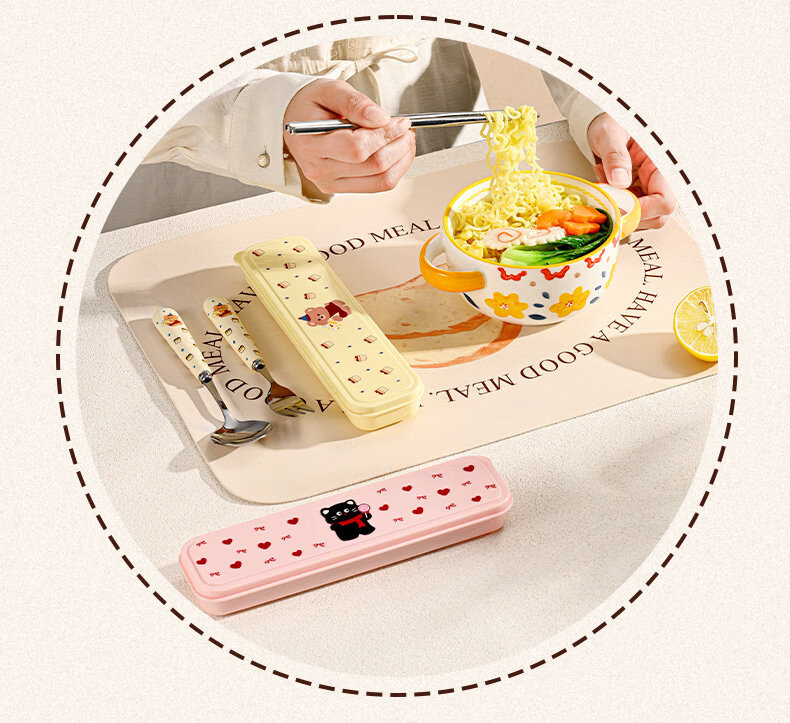 Cilock Portable Chopsticks and Spoon Set 304 Stainless Steel Balloon Dog Three-Piece Lunchware for Students and Office Workers 3