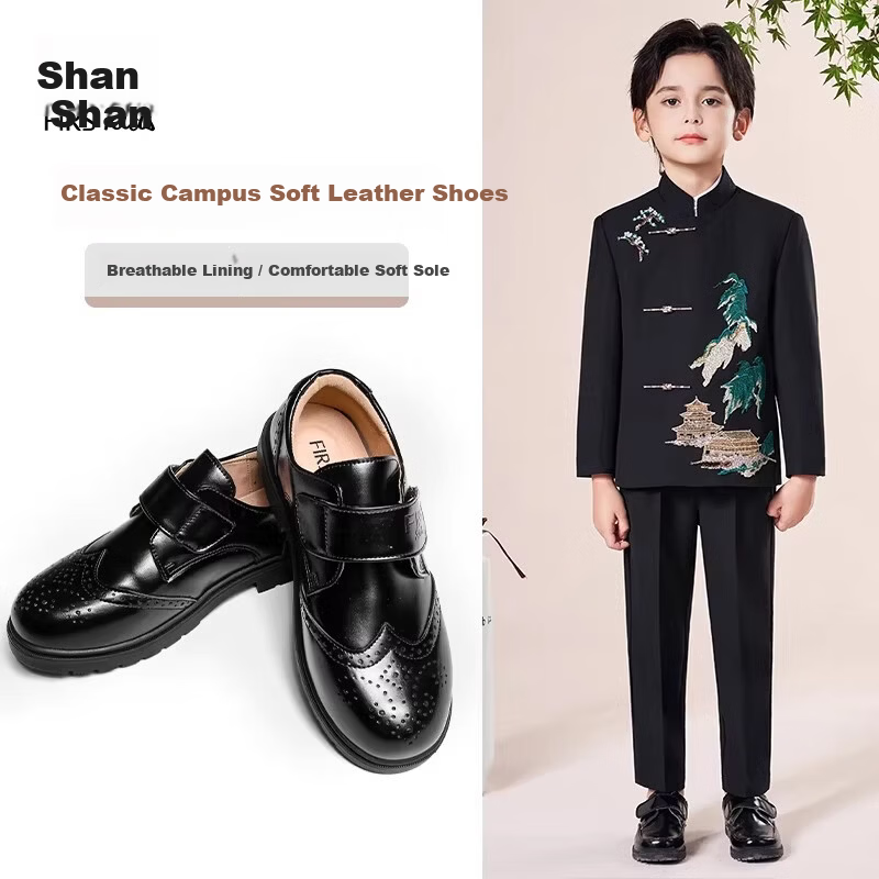 FIRS Boys Soft Sole Leather Shoes Black British Style Performance Dress Shoes for Boys Black Size 32